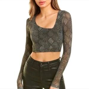Good American Asymmetrical Neck Mesh Sleeve Snakeskin Crop Top NEW Women's Large